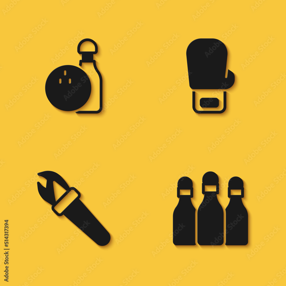 Set Bowling pin and ball, Torch flame and Boxing glove icon with long shadow. Vector Set Bowling pin and ball, Torch flame and Boxing glove icon with long shadow. Vector