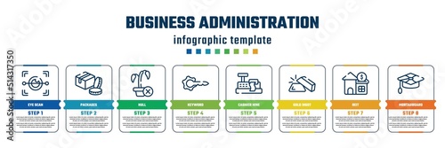 business administration concept infographic design template. included eye scan, packages, null, keyword, cashier hine, gold ingot, reit, mortarboard icons and 8 steps or options.