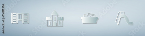 Set Swedish wall, Sand castle, Sandbox with sand and Slide playground. Paper art style. Vector