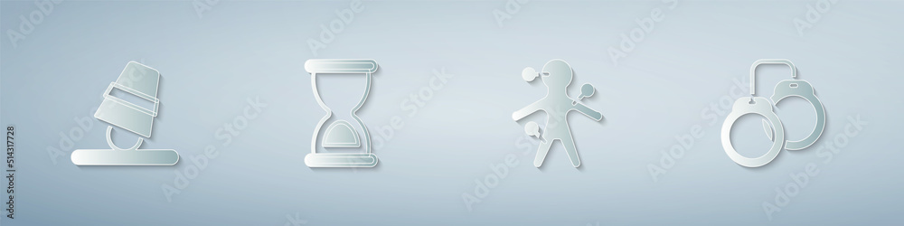 Set Game thimbles, Old hourglass, Voodoo doll and Handcuffs. Paper art style. Vector Set Game thimbles, Old hourglass, Voodoo doll and Handcuffs. Paper art style. Vector