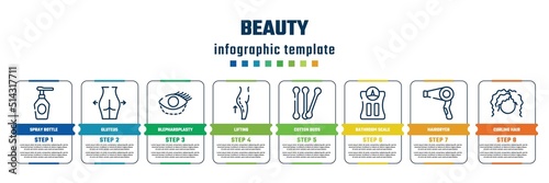 beauty concept infographic design template. included spray bottle, gluteus, blepharoplasty, lifting, cotton buds, bathroom scale, hairdryer, curling hair icons and 8 steps or options.