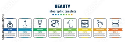 beauty concept infographic design template. included cologne, , tooth paste, blush, nipple, eyeshadow, hair transplant, eye shadow icons and 8 steps or options.