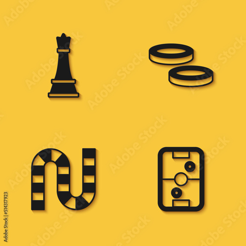 Set Chess, Air hockey table, Board game and Checker chips icon with long shadow. Vector
