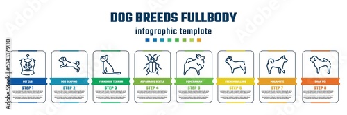 dog breeds fullbody concept infographic design template. included pet clo, dog scaping, yorkshire terrier, asparagus beetle, pomeranian, french bulldog, malamute, shar pei icons and 8 steps or