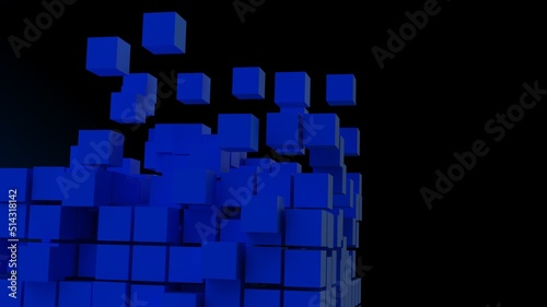 A set of many blue cubes that are collapsing under blue-black lighting background. Conceptual 3D illustration of blockchain, financial system and personal data analysis.