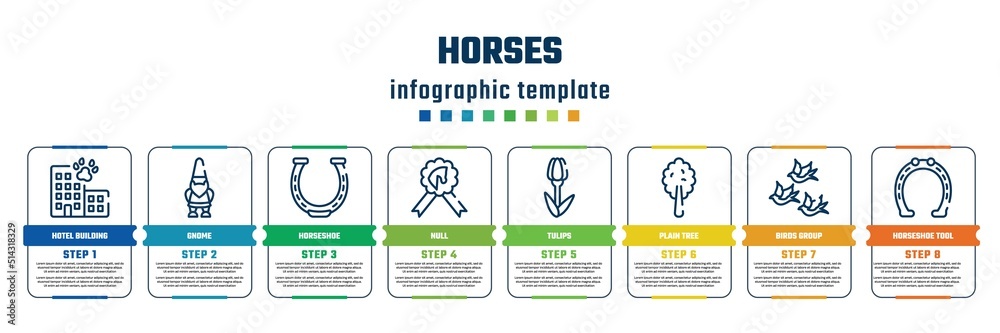 horses concept infographic design template. included hotel building, gnome, horseshoe, null, tulips, plain tree, birds group, horseshoe tool icons and 8 steps or options. horses concept infographic design template. included hotel building, gnome, horseshoe, null, tulips, plain tree, birds group, horseshoe tool icons and 8 steps or options.