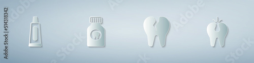 Set Tube of toothpaste, Toothache painkiller tablet, Broken and . Paper art style. Vector