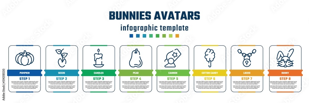 bunnies avatars concept infographic design template. included pumpkin, seeds, candles, pear, cannon, cotton candy, locks, bunny icons and 8 steps or options. bunnies avatars concept infographic design template. included pumpkin, seeds, candles, pear, cannon, cotton candy, locks, bunny icons and 8 steps or options.