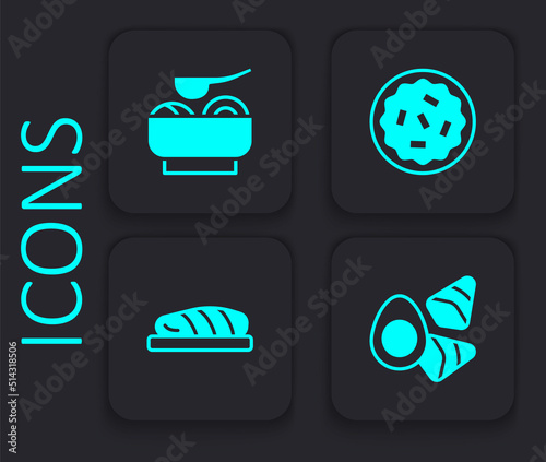 Set Chicken egg with vegerables, Ramen soup bowl, Homemade pie and Fish steak icon. Black square button. Vector