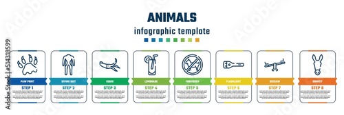 animals concept infographic design template. included paw print, diving suit, squid, lemonade, forbidden, flashlight, seesaw, donkey icons and 8 steps or options.