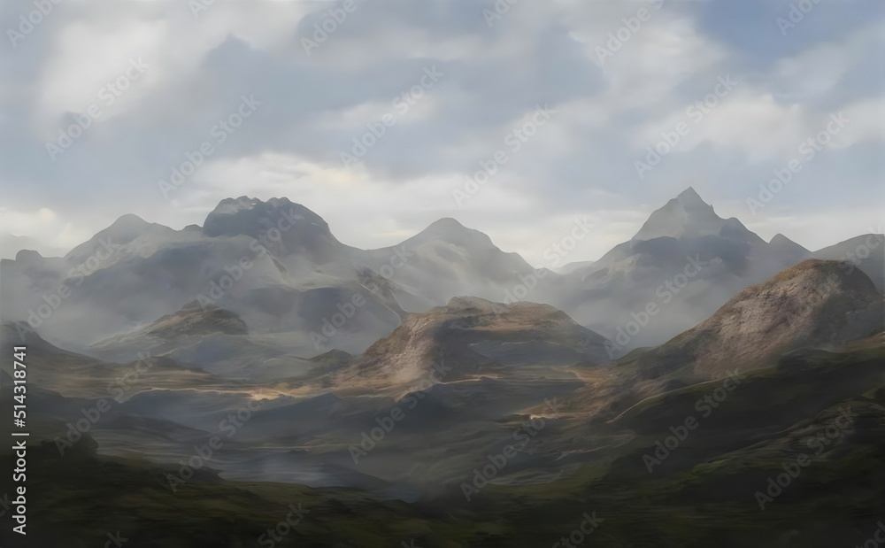 illustration of mountains with clouds in the sky