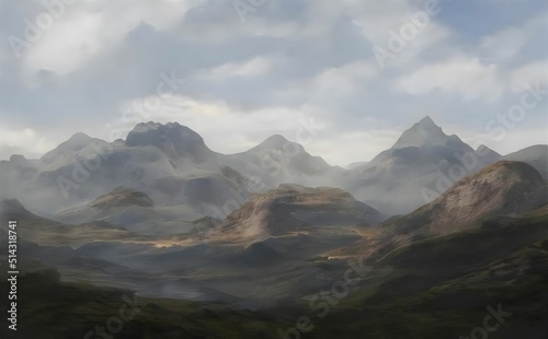illustration of mountains with clouds in the sky