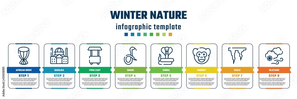 winter nature concept infographic design template. included african drum, basilica, food cart, snake, cobra, monkey, icicle, blizzard icons and 8 steps or options. winter nature concept infographic design template. included african drum, basilica, food cart, snake, cobra, monkey, icicle, blizzard icons and 8 steps or options.