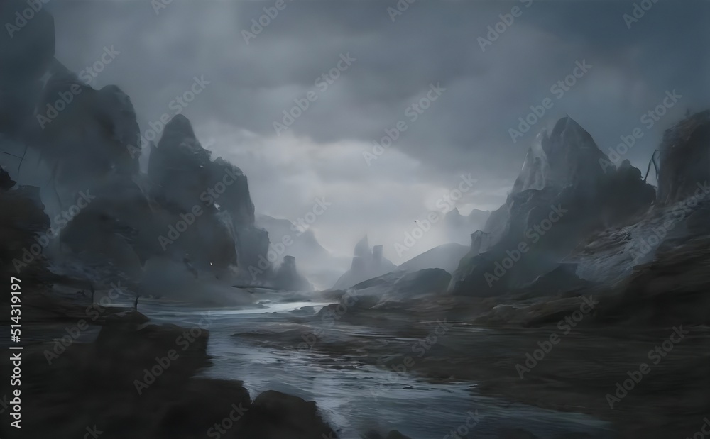 mysterious mountain landscape with clouds