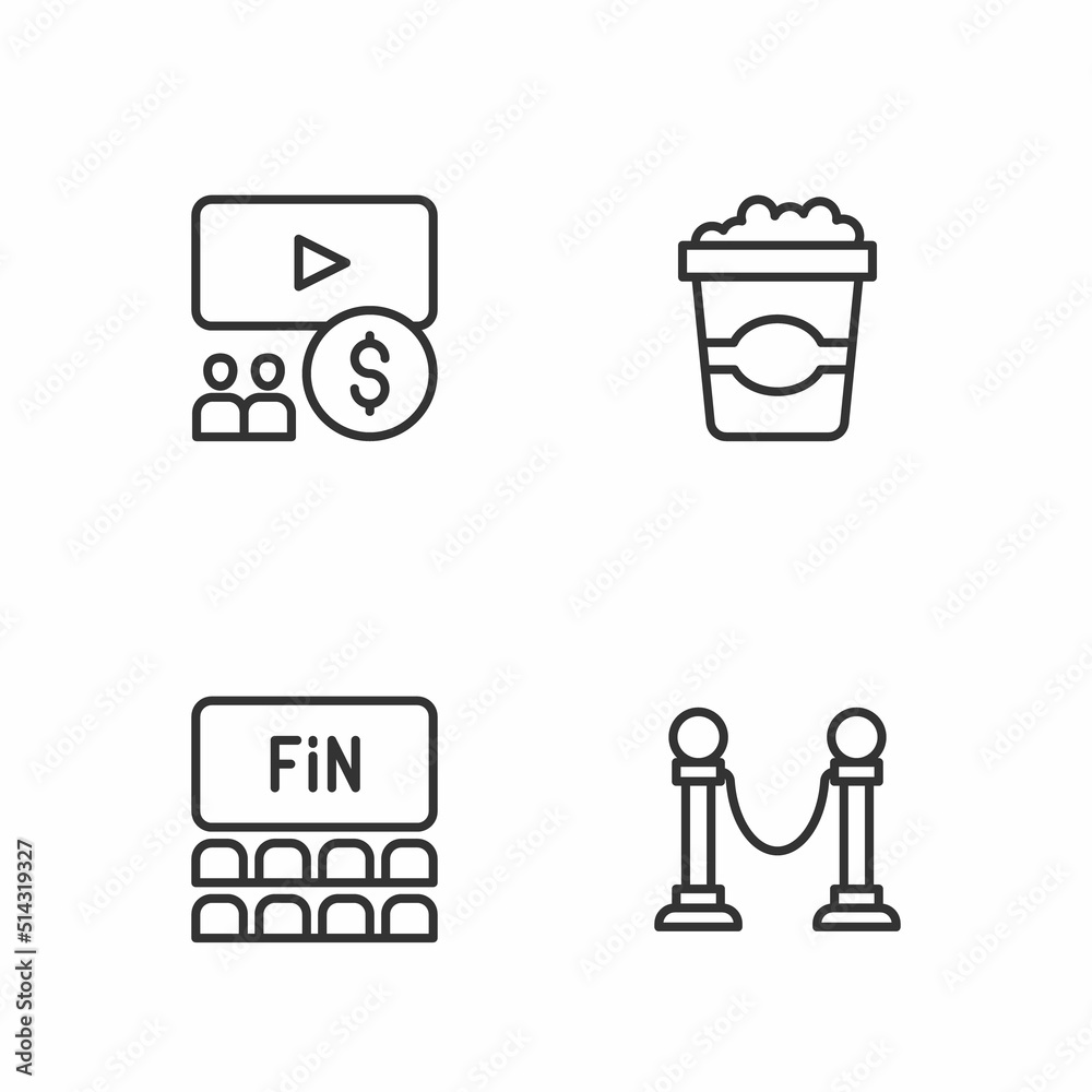 Set line Rope barrier, Cinema auditorium with screen, and Popcorn cardboard box icon. Vector Set line Rope barrier, Cinema auditorium with screen, and Popcorn cardboard box icon. Vector