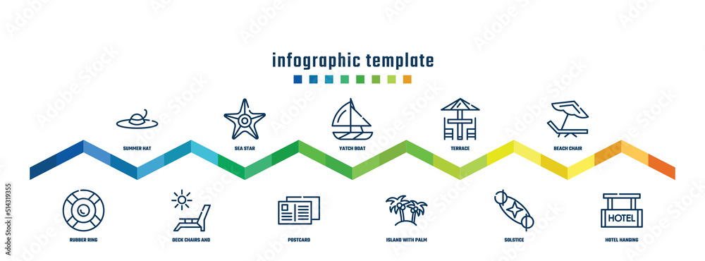 concept infographic design template. included summer hat, rubber ring, sea star, deck chairs and sun, yatch boat, postcard, terrace, island with palm trees, beach chair, hotel hanging icons. concept infographic design template. included summer hat, rubber ring, sea star, deck chairs and sun, yatch boat, postcard, terrace, island with palm trees, beach chair, hotel hanging icons.