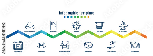 concept infographic design template. included taxi transportation, calendar day 15, prayer room, gym dumbbell, spring sun, persons in an airport, bath towel, nursing room, plane diagonal, plate,