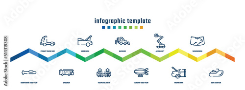 concept infographic design template. included pickup truck side view, submarine side view, hood open, checker, backhoe, tram side view, aerial lift, airship windscreen, sea scooter icons.