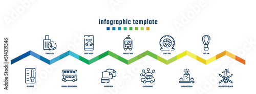 concept infographic design template. included final call, gearbox, rent a car, double decker bus, trolley bus, microfiber, flat tire, carsharing, hot air, helicopter black shape top view icons.