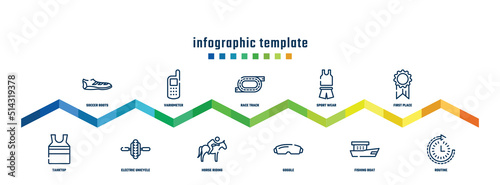 concept infographic design template. included soccer boots, tanktop, variometer, electric unicycle, race track, horse riding, sport wear, goggle, first place, routine icons.