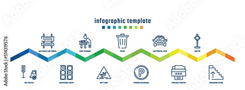 concept infographic design template. included rectangle and arrow, car traffic, baby changer, semaphore lights, trash, wet floot, car frontal view, parking hexagonal, traffic, ascending stairs