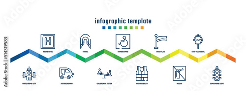 concept infographic design template. included round hotel, water bomb city supplier, tunnel, autorickshaw, handicapped, children on teeter totter, plain flag, high visibility vest, stop hexagonal,