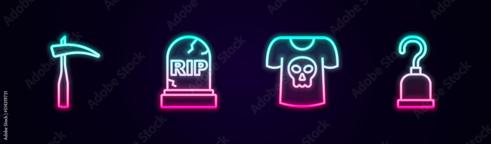 Set line Scythe, Tombstone with RIP written, Shirt skull and Pirate hook. Glowing neon icon. Vector