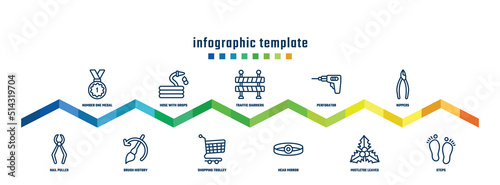 concept infographic design template. included number one medal, nail puller, hose with drops, brush history, traffic barriers, shopping trolley, perforator, head mirror, nippers, steps icons.