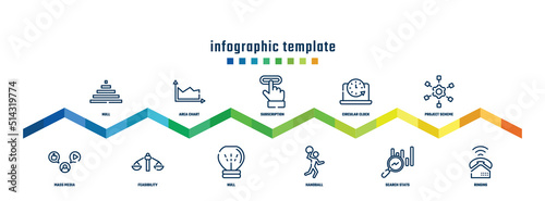 concept infographic design template. included null, mass media, area chart, feasibility, subscription, null, circular clock, handball, project scheme, ringing icons.