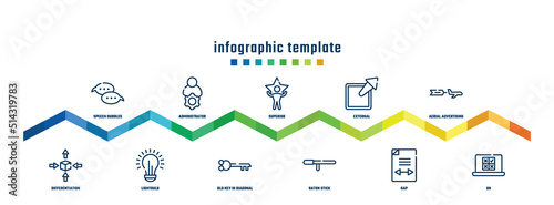 concept infographic design template. included speech bubbles, differentiation, administrator, lightbulb, superior, old key in diagonal, external, baton stick, aerial advertising, on icons.