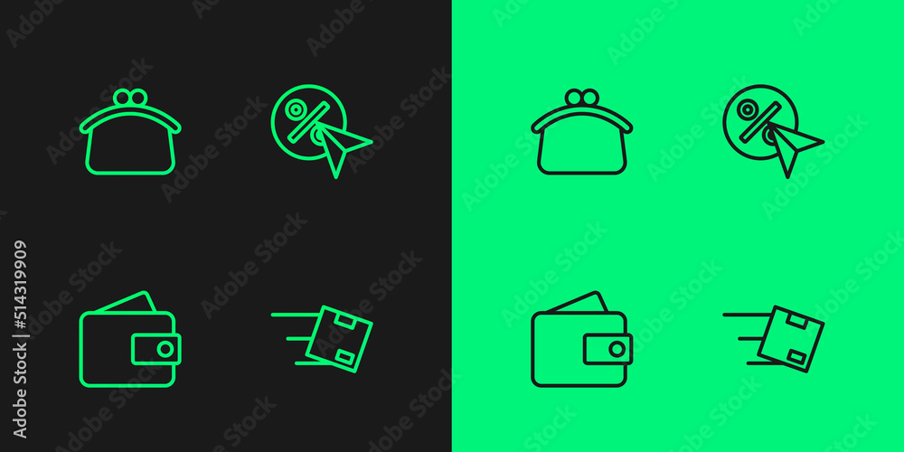 Set line Location with cardboard box, Wallet, and Discount percent tag icon. Vector Set line Location with cardboard box, Wallet, and Discount percent tag icon. Vector