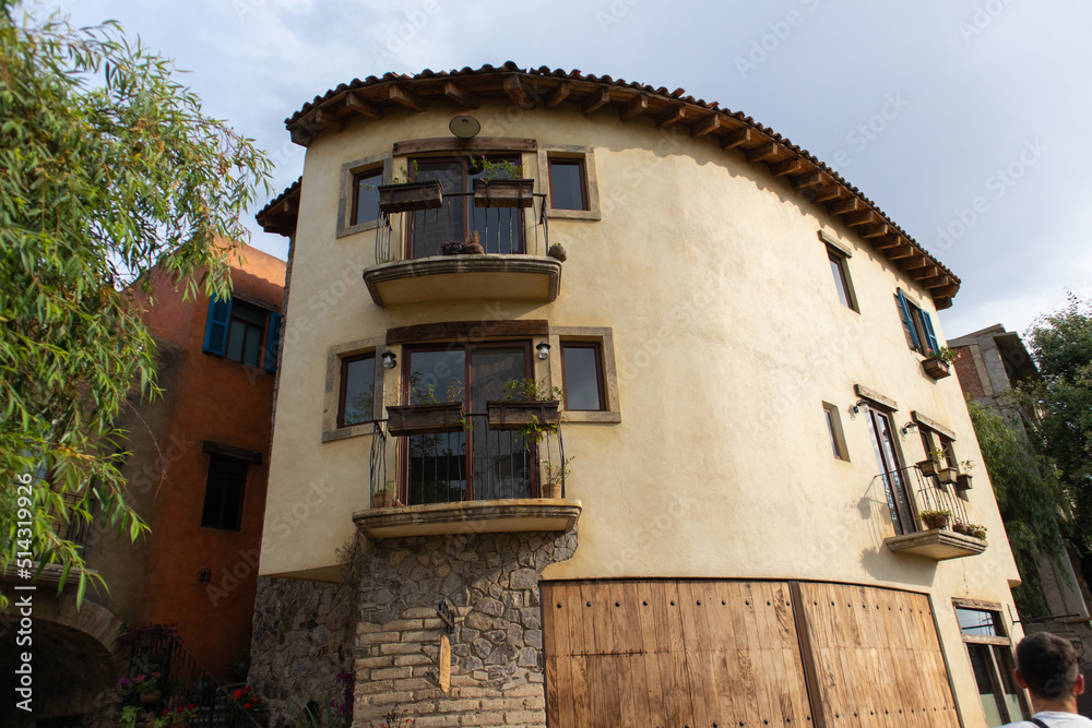 tourist in a medieval italian tuscany style town villa in Val'Quirico, Tlaxcala, Puebla, Mexico