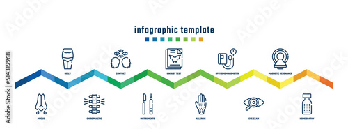 concept infographic design template. included belly, mucus, conflict, chiropractic, inkblot test, instruments, sphygmomanometer, allergic, magnetic resonance, homeopathy icons.