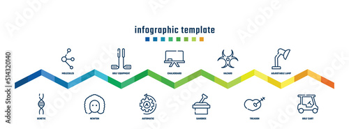 concept infographic design template. included molecules, genetic, golf equipment, newton, chalkboard, automatic, hazard, sandbox, adjustable lamp, golf cart icons.
