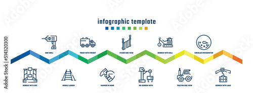 concept infographic design template. included hine drill, derrick with box, truck with freight, double ladder, stairs side view, hammer in hand, derrick with ball, big derrick boxes, circular