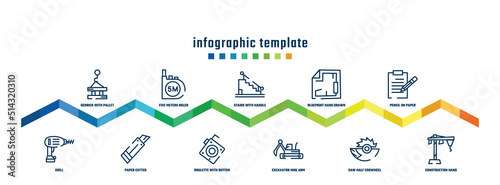 concept infographic design template. included derrick with pallet, drill, five meters ruler, paper cutter, stairs with handle, roulette with button, blueprint hand drawn tool, excavator hine arm,