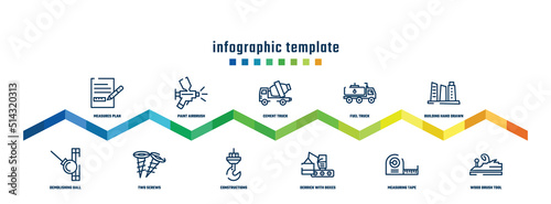 concept infographic design template. included measures plan, demolishing ball, paint airbrush, two screws, cement truck, constructions, fuel truck, derrick with boxes, building hand drawn tower,