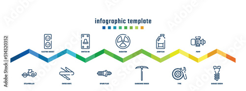 concept infographic design template. included electric socket, steamroller, switch on, swiss knife, radiation, spark plug, jerrycan, gardening digger, pump, garage screw icons.