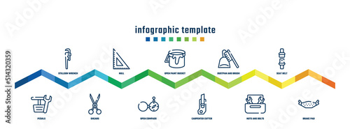 concept infographic design template. included stillson wrench, pedals, null, shears, open paint bucket, open compass, dustpan and brush, carpenter cutter, seat belt, brake pad icons.
