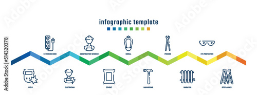 concept infographic design template. included extension cord, weld, construction worker, electrician, urinal, cement, pincers, hammering, eye protection, stepladder icons.