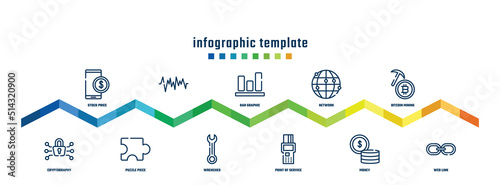 concept infographic design template. included stock price, cryptography, , puzzle piece, bar graphic, wrenches, network, point of service, bitcoin mining, web link