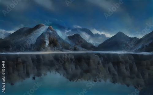 3d rendering of a mountain range on the edge of a lake at night