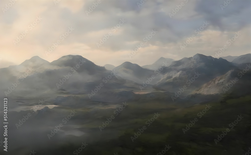 3d rendering of mountains in the fog