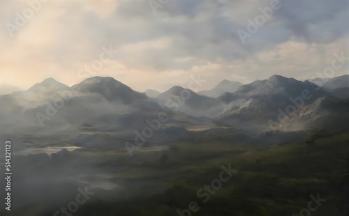 3d rendering of mountains in the fog