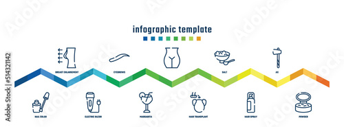 concept infographic design template. included breast enlargement, nail color, eyebrows, electric razor, , margarita, salt, hair transplant, ax, powder