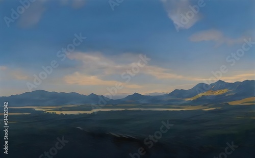 3d rendering of a mountain landscape under a blue cloudy sky