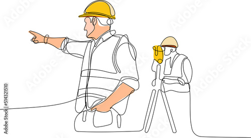Close up of young Caucasian worker with helmet on head using tablet for work while standing in warehouse. Surveyor with a tripod icon. Geodesic tripod. Vector illustration