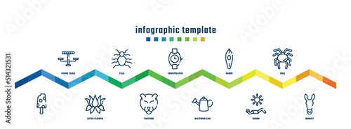 concept infographic design template. included picnic table, , flea, lotus flower, wristwatch, panther, canoe, watering can, null, donkey