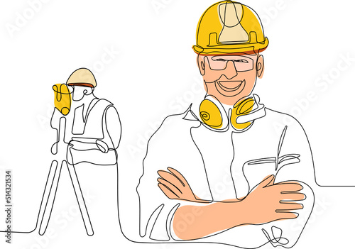 Close up of young Caucasian worker with helmet on head using tablet for work while standing in warehouse. Surveyor with a tripod icon. Geodesic tripod. Vector illustration