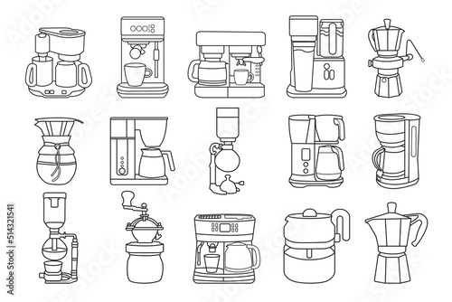Coffee machine and coffee grinder icon for cafe. Doodle. Sketch of electric and non-electrical machines. Flat illustration.